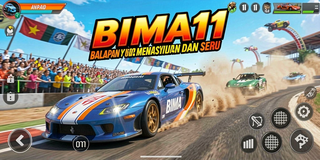 Screenshot utama BIMA11 menampilkan aksi balapan yang mendebarkan.