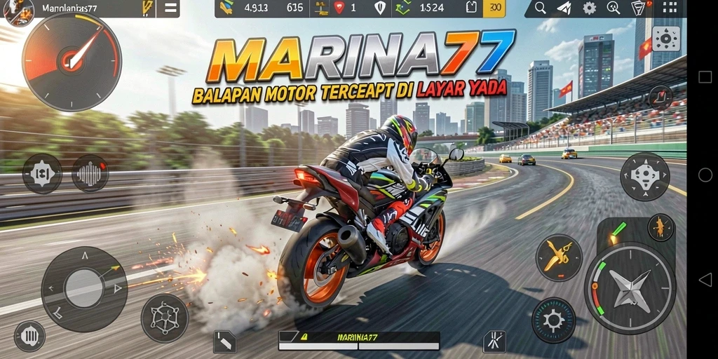 Tangkapan layar gameplay MARINA77 yang menampilkan aksi balapan motor yang mendebarkan.