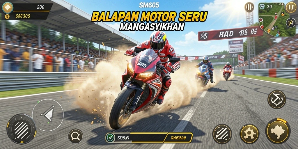 Tampilan gameplay seru SM605 dengan balapan motor yang mendebarkan.