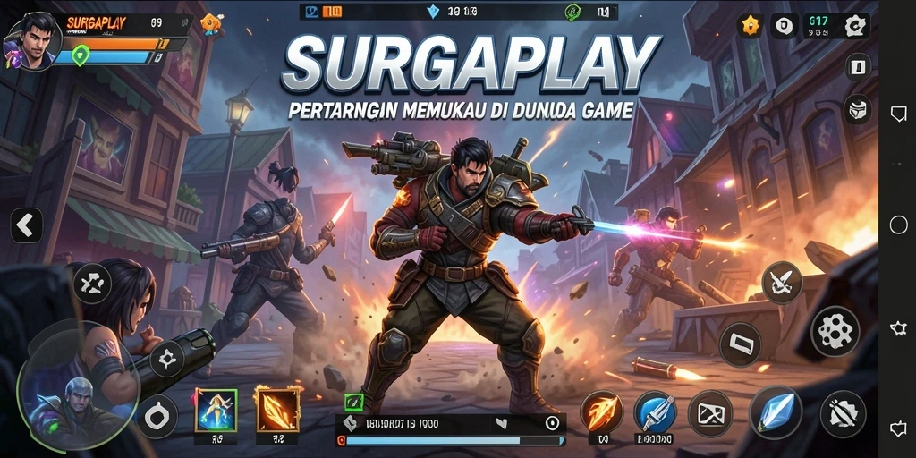 Tangkapan layar utama SURGAPLAY menampilkan pertarungan epik antara karakter-karakter kuat.