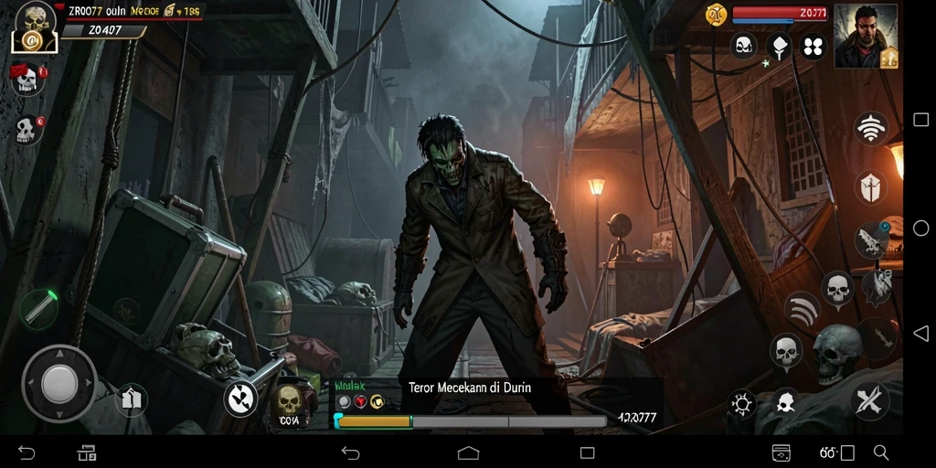 Screenshot gameplay menampilkan suasana mencekam dan karakter di dunia gelap.